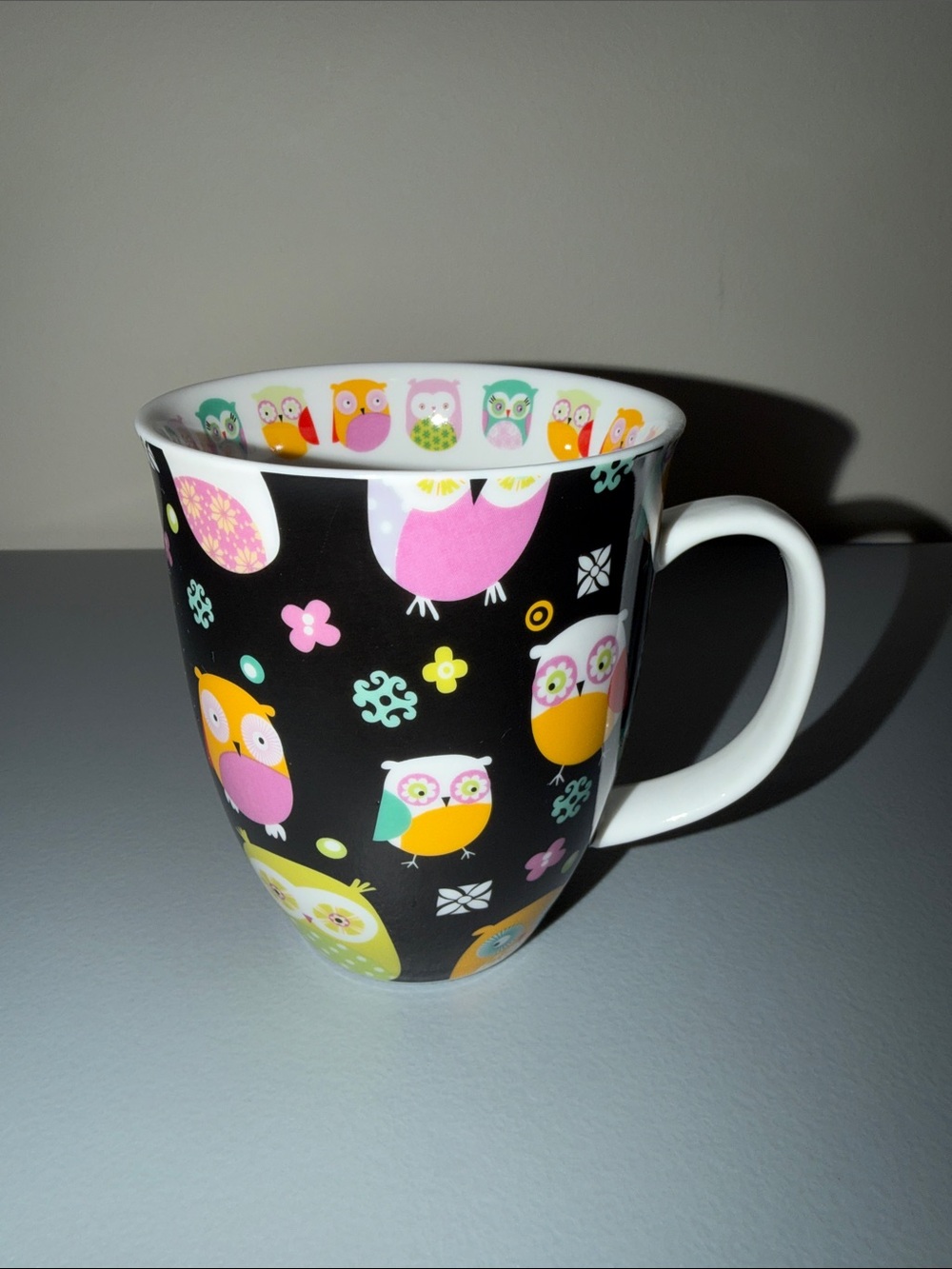 Owl Pattern Ceramic Coffee Mug - Black with Multicolor Owls